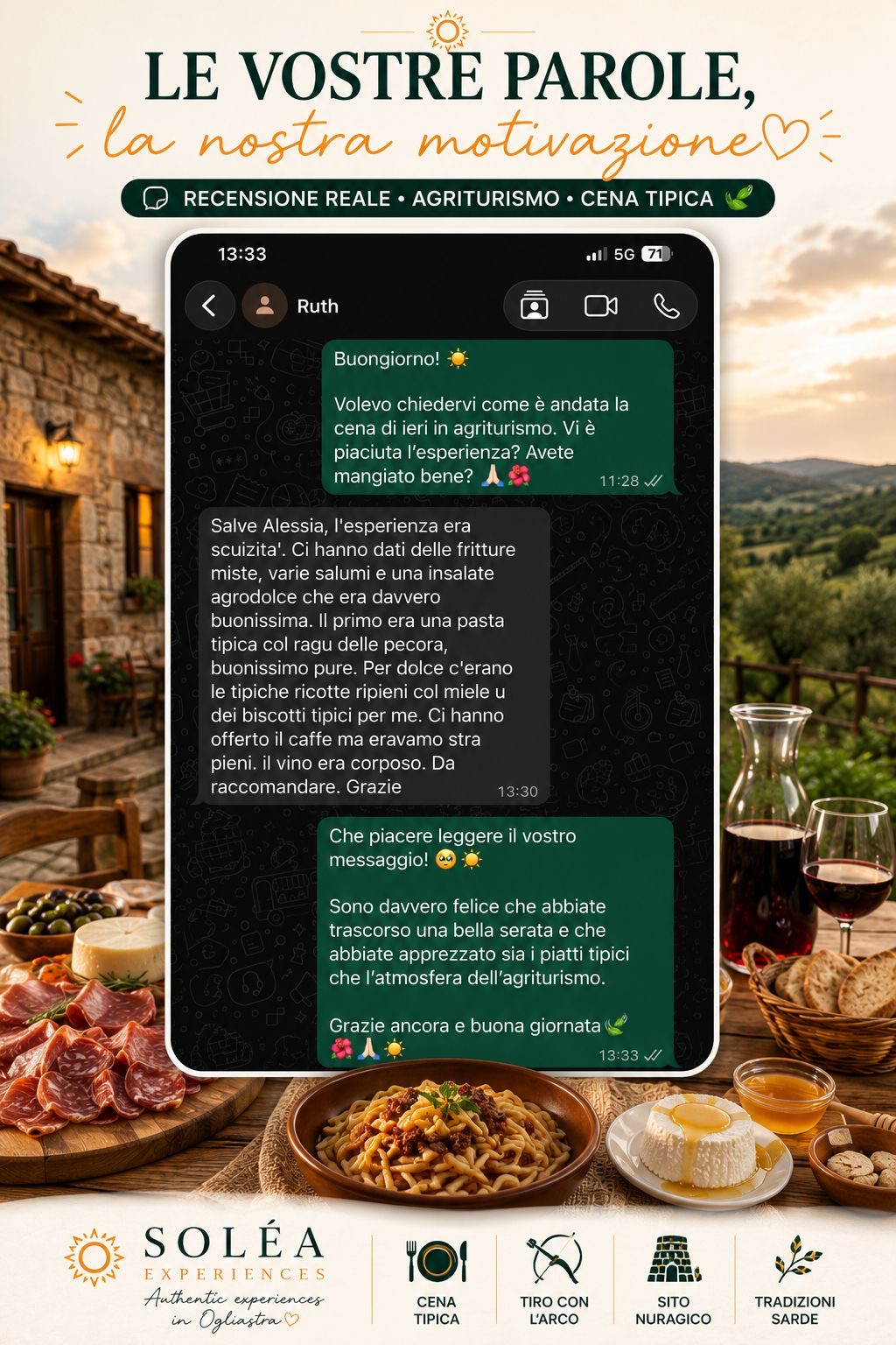 WhatsApp review — Farm-stay dinner — Ospite Soléa